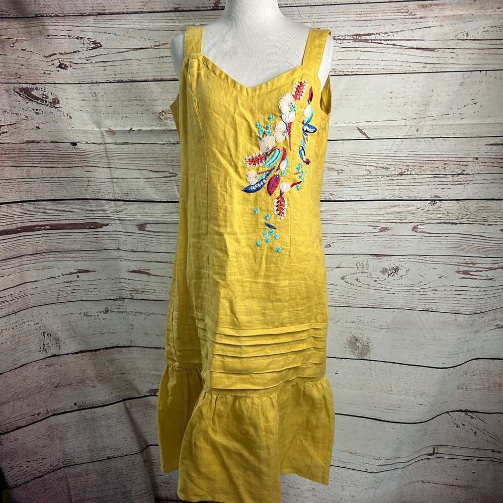 For Cynthia Linen Beaded Sequins Floral Sun Dress S Mustard Yellow Embroidered